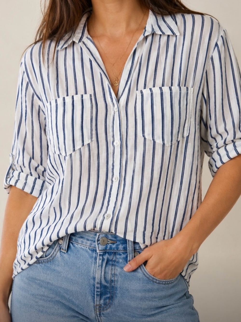 Zara Women’s Linen Blend Navy/Ivory Vertical Stripe Cropped Button-Down M Fall